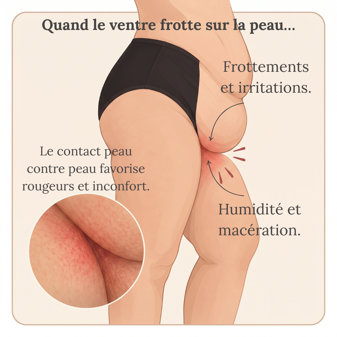 Frottements et irritations causés par le contact du ventre tablier avec le haut des cuisses